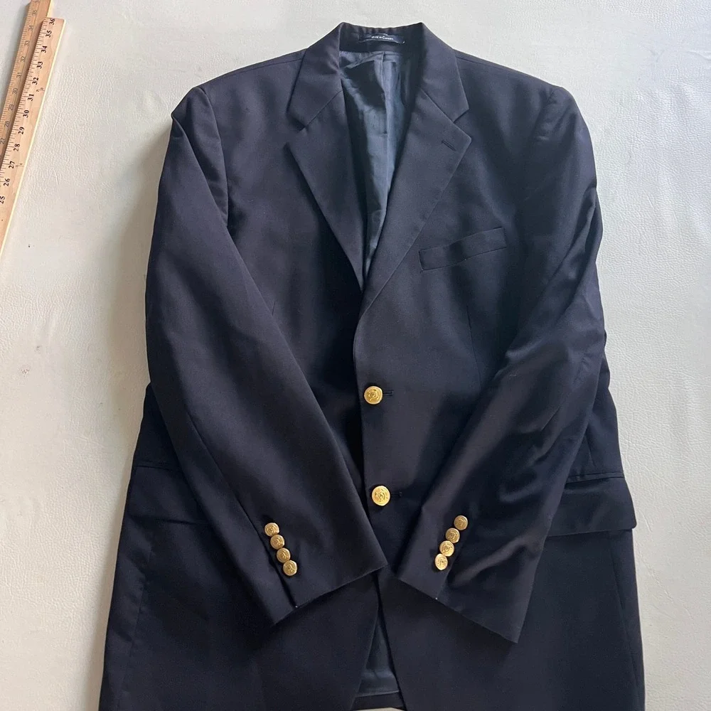 Ralph Lauren Polo University Club Blazer Men 44R Navy Wool Gold Button Coat Hole
